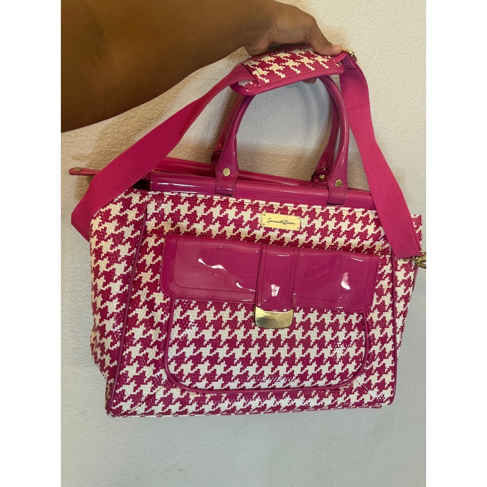 Samantha Brown Pink Houndstooth Travel Satchel Weekender Bag Gold Hardware